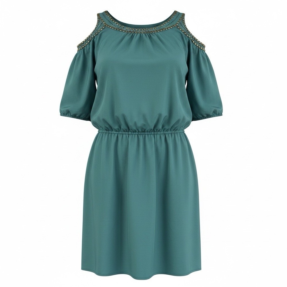 Angie Cold Shoulder Dress Women Small Green Embellished Studded Boho Blouson